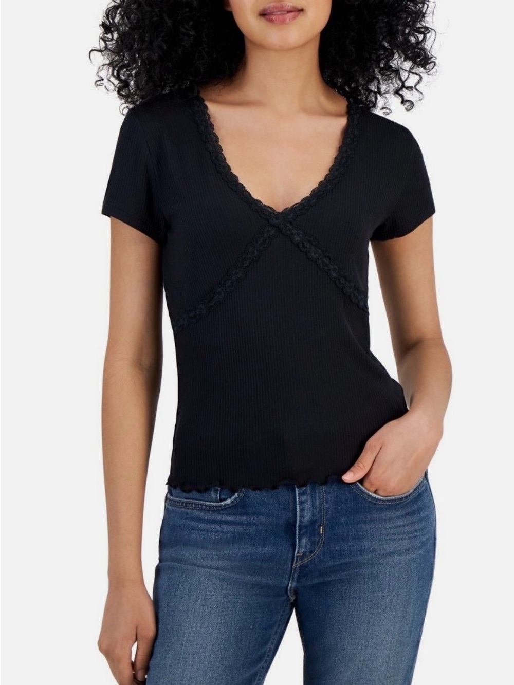 Planet Heart Black Lace and Lettuce Trim Shirt